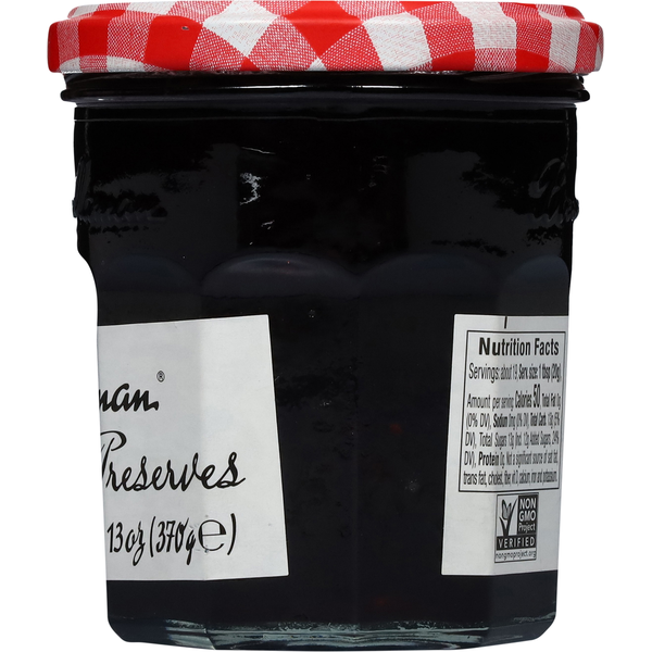 Jar of Bonne Maman Mixed Berries Preserves with a white lid and label, showcasing fresh mixed berries inside.