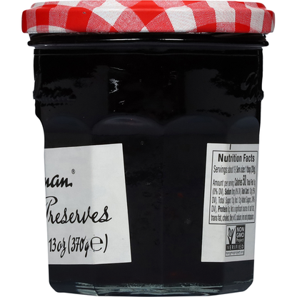 Jar of Bonne Maman Mixed Berries Preserves with a white lid and label, showcasing fresh mixed berries inside.