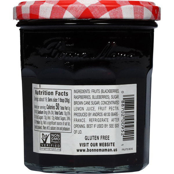 Jar of Bonne Maman mixed berries preserves from Duo Grocery, showing the label and berries inside the glass jar