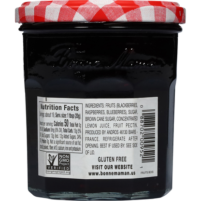 Jar of Bonne Maman mixed berries preserves from Duo Grocery, showing the label and berries inside the glass jar