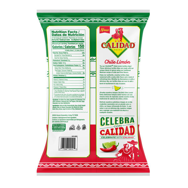 Duo Grocery Calidad Chile Limon Tortilla Chips in a 10-ounce bag, crispy chips with chili and lemon flavor visible in the image