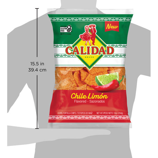 Duo Grocery Calidad Chile Limon tortilla chips in a 10-ounce bag, crispy snack with chili and lime flavor.