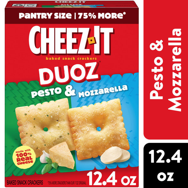 Cheez-It DUOZ Pesto and Mozzarella baked snack crackers in a 12.4 oz bag, showing crispy crackers with green pesto and cheese flavor