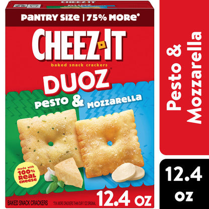Cheez-It DUOZ Pesto and Mozzarella baked snack crackers in a 12.4 oz bag, showing crispy crackers with green pesto and cheese flavor