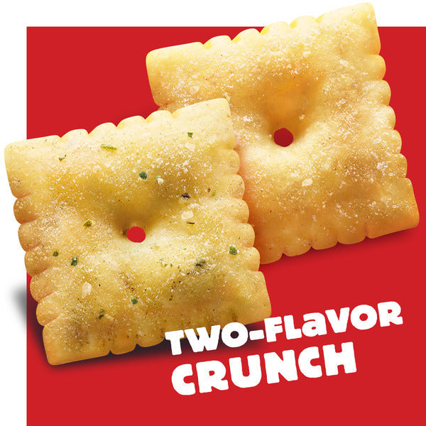 Cheez-It DUOZ Pesto and Mozzarella baked snack crackers in a 12.4 oz bag, featuring green pesto and white mozzarella flavoring.