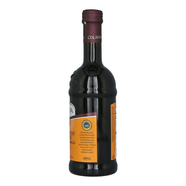 Bottle of Colavita Balsamic Vinegar of Modena IGP from Duo Grocery, featuring dark, glossy vinegar in a clear glass bottle.