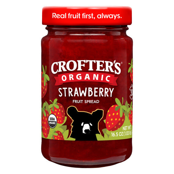 Organic strawberry fruit spread jar by Crofter's, featuring a label with fresh strawberries and the Duo Grocery brand logo.