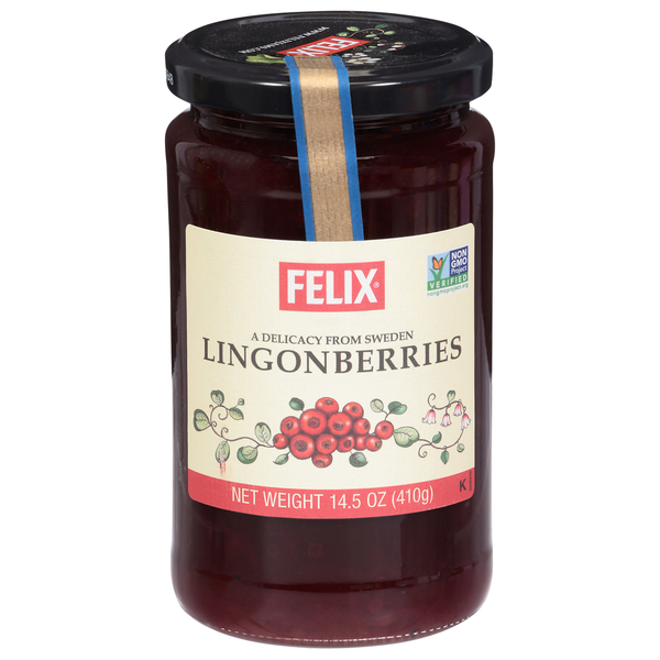 Close-up of Felix Lingonberries in a container, showcasing vibrant red lingonberries from Duo Grocery.