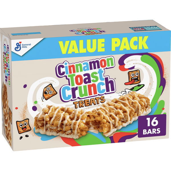 General Mills Cinnamon Toast Crunch cereal treat bars in a value pack, showing crispy rice cereal squares with cinnamon flavor.