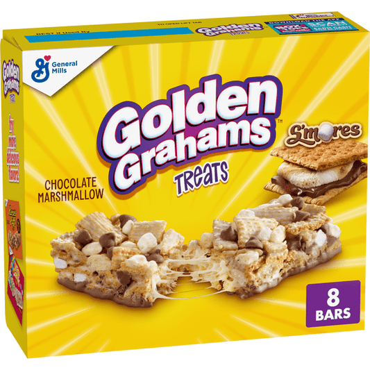 Golden Grahams S'mores Cereal Treat Bars by General Mills, close-up of crispy cereal bars with s'mores flavor and chocolate drizzle