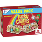 General Mills Lucky Charms Cereal Treat Bars Value Pack with colorful marshmallow shapes and oat cereal bars in a sealed package.