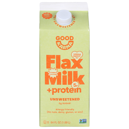 Unsweetened Good Karma Flax Milk +Protein in a carton, featuring a plant-based dairy alternative with added protein from Duo Grocery.