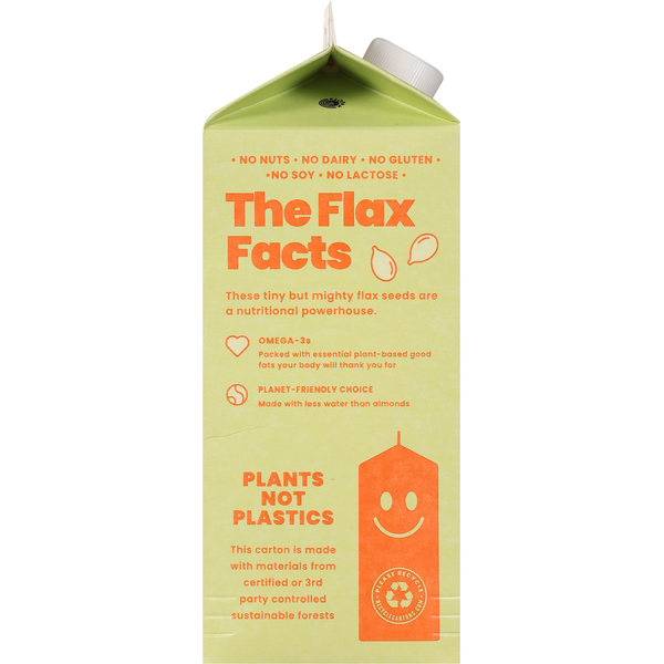 Good Karma Unsweetened Flax Milk with Protein in a carton, featuring a clear label and natural flax seed imagery.