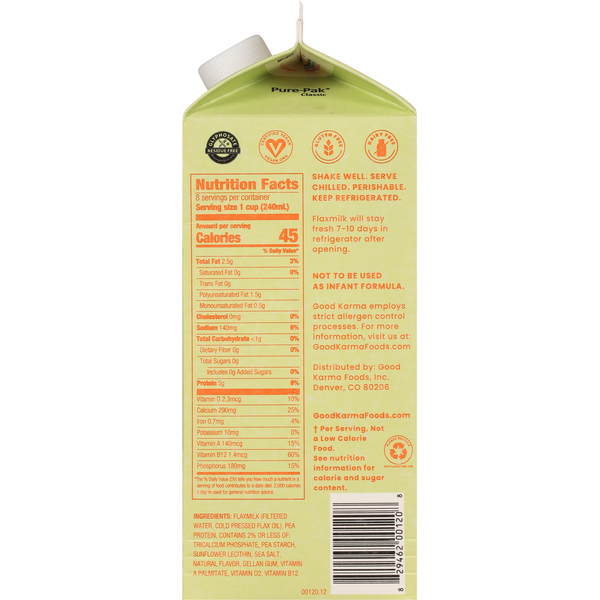 Good Karma Unsweetened Flax Milk with Protein in a carton, organic plant-based dairy alternative from Duo Grocery.