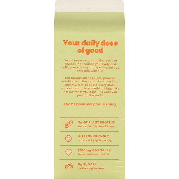Good Karma Unsweetened Flax Milk +Protein in a carton, natural plant-based dairy alternative with added protein from Duo Grocery.