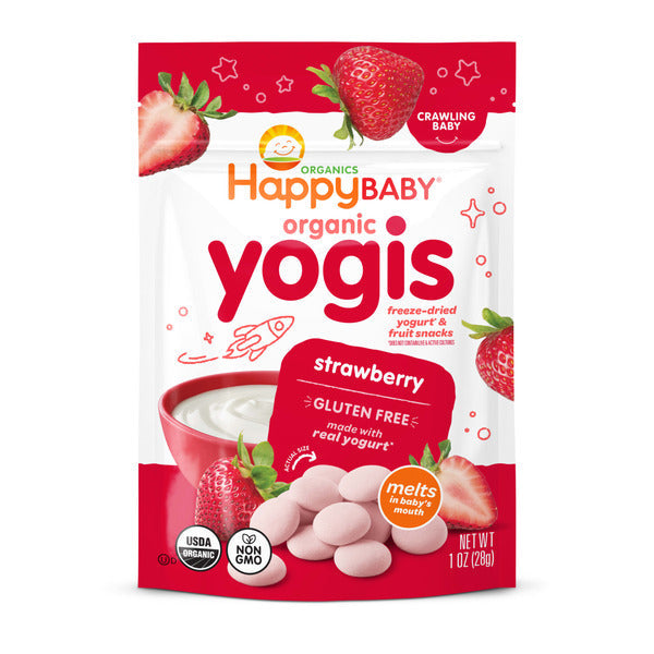 Happy Baby Organics Yogis freeze-dried yogurt and strawberry fruit snacks in 1 oz pack, featuring colorful fruit and yogurt pieces.