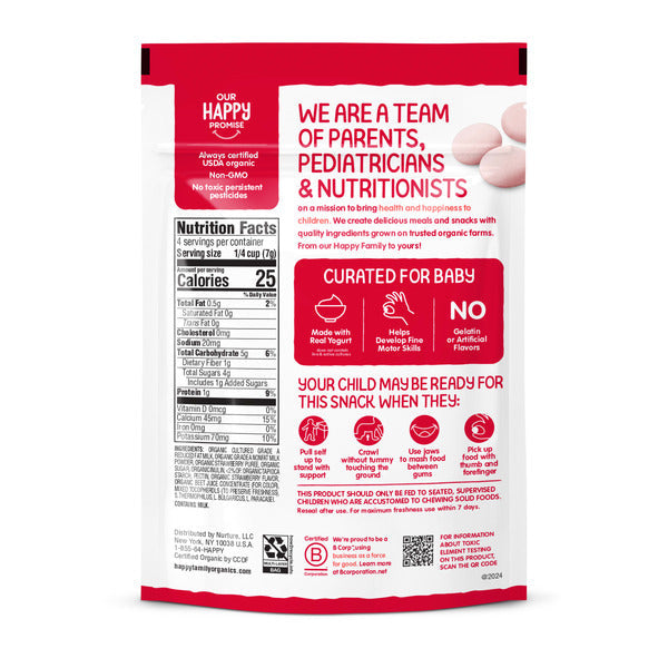 Happy Baby Organics Organic Yogis Freeze-Dried Yogurt and Fruit Snacks in strawberry flavor, shown in a 1 oz package.