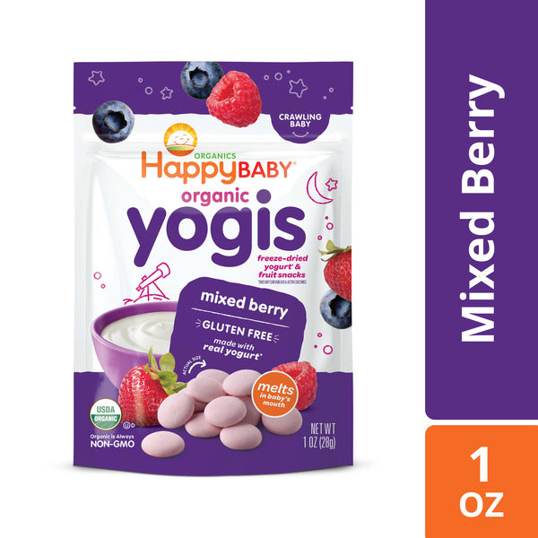 Happy Baby Organics Yogis freeze-dried yogurt and fruit snacks with mixed berry flavor, showcasing colorful snack pieces.