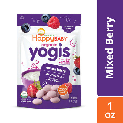 Happy Baby Organics Yogis freeze-dried yogurt and fruit snacks with mixed berry flavor, showcasing colorful snack pieces.