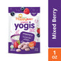 Happy Baby Organics Yogis freeze-dried yogurt and fruit snacks with mixed berry flavor, showcasing colorful snack pieces.