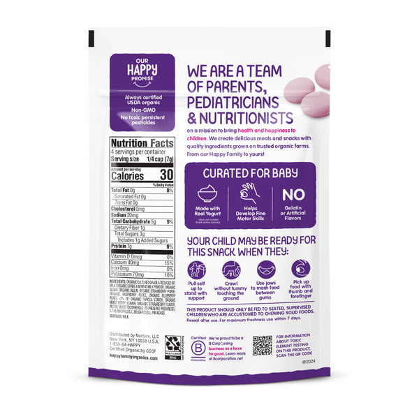 Happy Baby Organics Yogis freeze-dried yogurt and fruit snacks featuring mixed berry flavor in a colorful package.