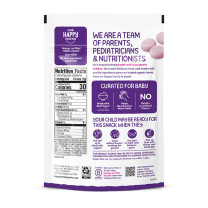 Happy Baby Organics Yogis freeze-dried yogurt and fruit snacks featuring mixed berry flavor in a colorful package.