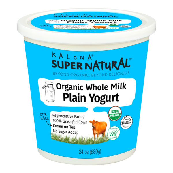 Creamy Kalona SuperNatural organic whole milk plain yogurt in a bowl, showcasing its smooth, white texture and fresh appearance.