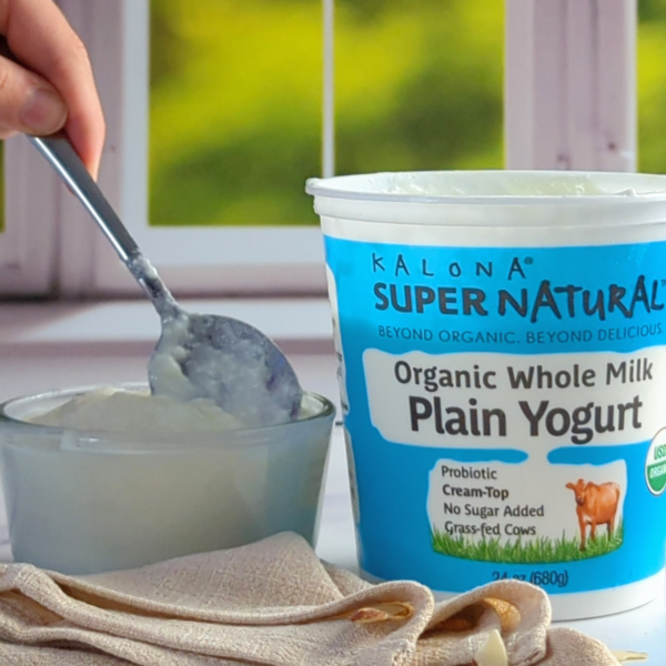 Creamy Kalona SuperNatural organic whole milk plain yogurt in a bowl, showcasing smooth texture and natural white color.
