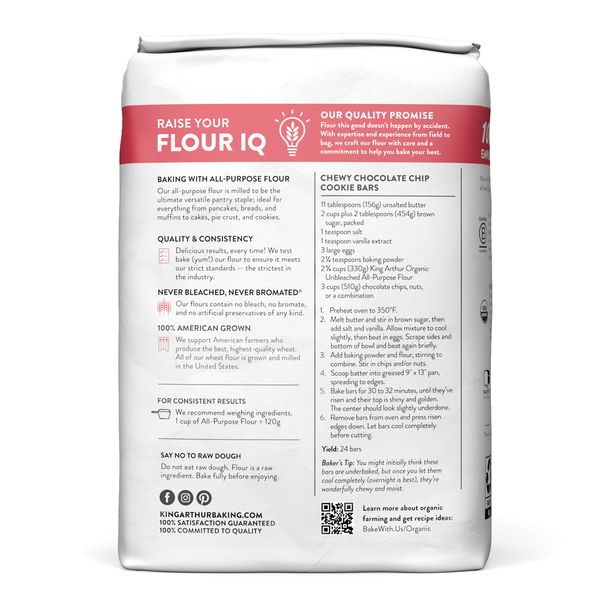 Bag of King Arthur Baking Company 100% Organic All-Purpose Flour, unbleached, non-GMO, no preservatives, in a natural paper bag