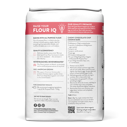 Bag of King Arthur Baking Company 100% Organic All-Purpose Flour, unbleached, non-GMO, no preservatives, in a natural paper bag