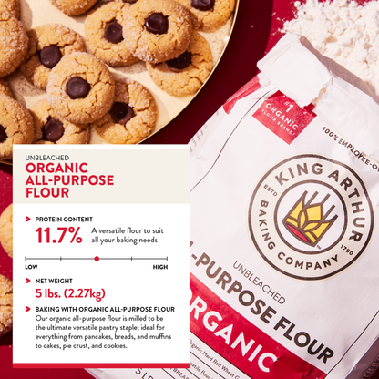 Bag of King Arthur Baking Company 100% organic all-purpose unbleached flour, non-GMO, no preservatives, with baking ingredients visible.