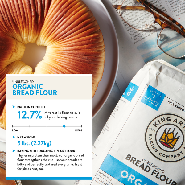 Bag of King Arthur Baking Company 100% organic unbleached bread flour, Non-GMO Project verified, with a clear label and branding.