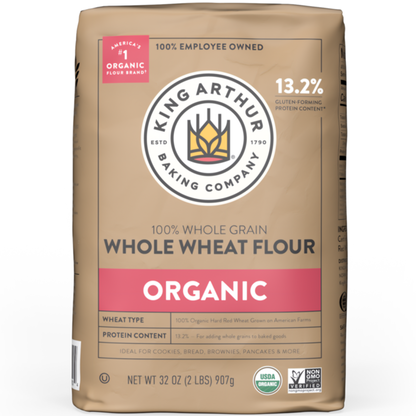 Bag of King Arthur Baking Company 100% Organic Whole Wheat Flour showing the label and packaging details.