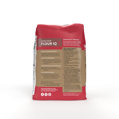 Bag of King Arthur Baking Company 100% Organic Whole Wheat Flour showing the label and packaging details.