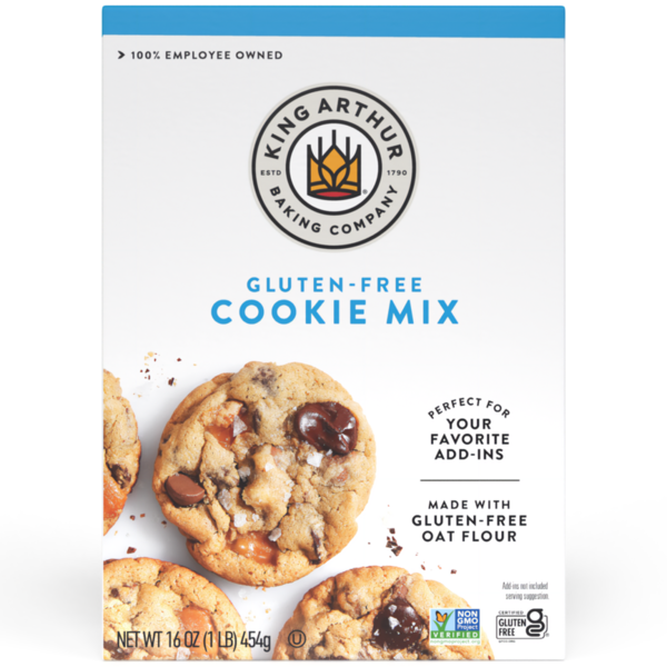 Gluten-free King Arthur Baking Company cookie mix in a package, non-GMO, kosher, and non-dairy, displayed on a kitchen countertop.