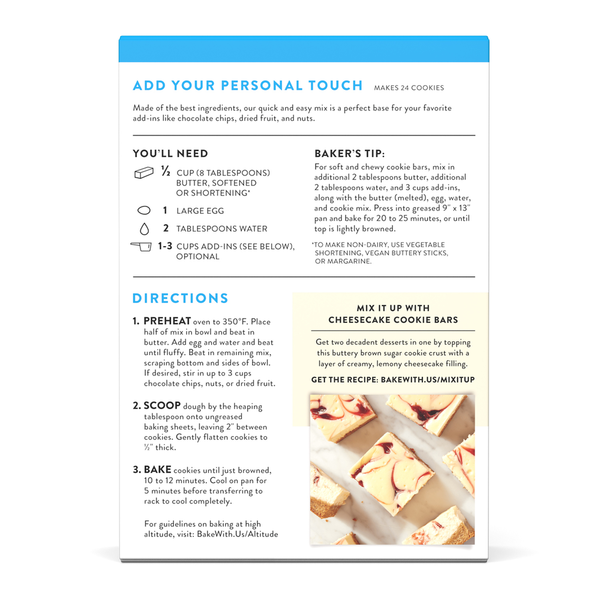 Gluten-free cookie mix by King Arthur Baking Company, non-GMO, kosher, and non-dairy, in a resealable bag with cookies on a baking tray