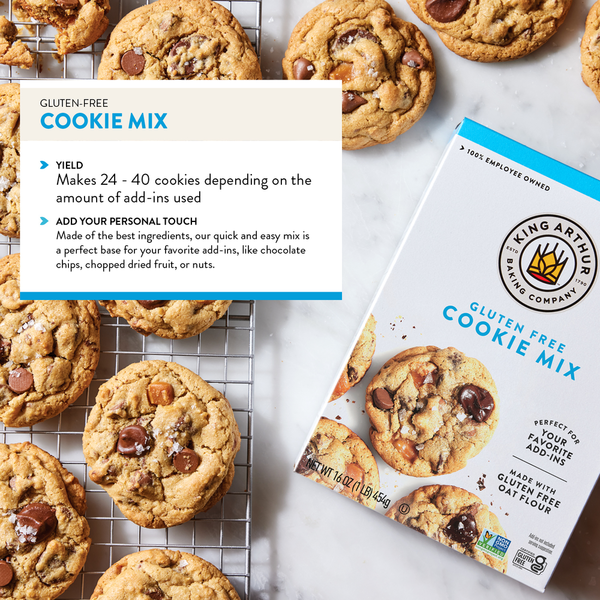King Arthur Baking Company gluten-free cookie mix in a packaging bag, non-GMO, kosher, and non-dairy certified.
