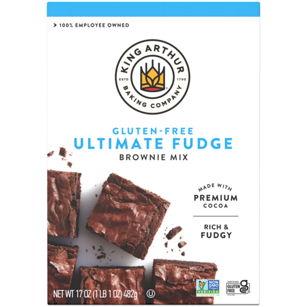 King Arthur Baking Company gluten-free fudge brownie mix in a box, Non-GMO Project verified and certified kosher.