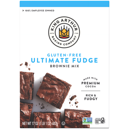 King Arthur Baking Company gluten-free fudge brownie mix in a box, Non-GMO Project verified and certified kosher.