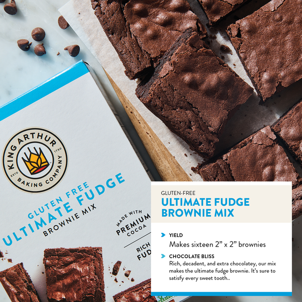 Bag of King Arthur Baking Company gluten-free fudge brownie mix, non-GMO, kosher certified, with baking instructions visible.