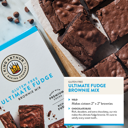 Bag of King Arthur Baking Company gluten-free fudge brownie mix, non-GMO, kosher certified, with baking instructions visible.