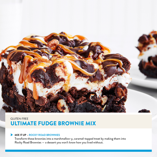 Box of King Arthur Baking gluten-free fudge brownie mix by Duo Grocery, Non-GMO, kosher certification, on a kitchen countertop