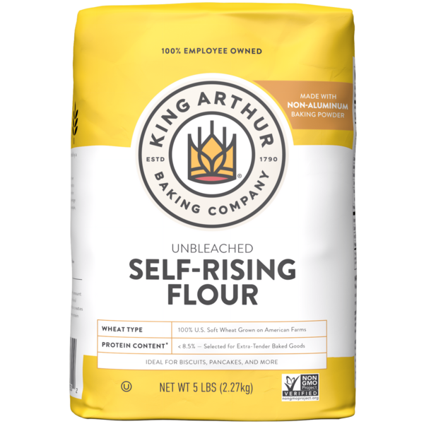 Unbleached self-rising flour from King Arthur Baking Company, non-GMO, preservative-free, in a white flour bag with blue branding.