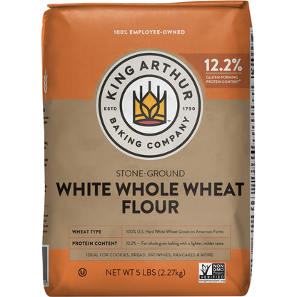 White whole wheat flour from King Arthur Baking Company, stone-ground, in a bag with the brand logo and product details visible.