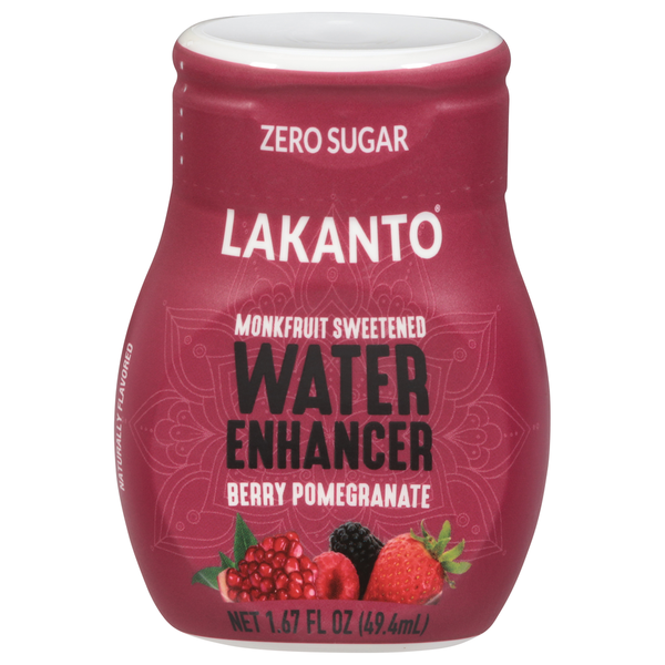 Lakanto Water Enhancer by Duo Grocery featuring zero sugar and a berry pomegranate flavor, displayed in a clear bottle.