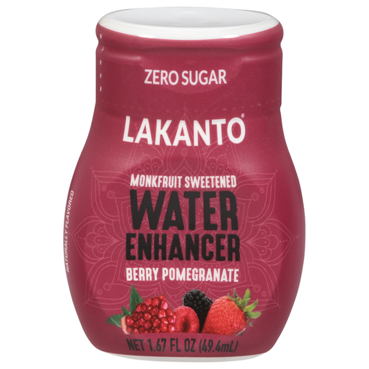 Lakanto Water Enhancer by Duo Grocery featuring zero sugar and a berry pomegranate flavor, displayed in a clear bottle.