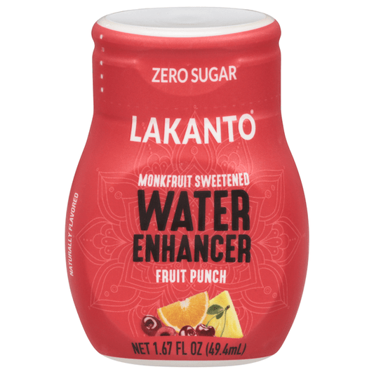 Lakanto Zero Sugar Water Enhancer with Fruit Punch flavor, featuring a sleek bottle and vibrant label design.
