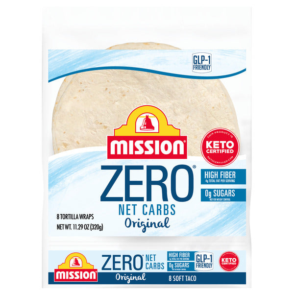 Mission Zero Net Carbs Original Flour Tortillas, soft taco size, 8-pack, by Duo Grocery, fresh and flexible for wraps and tacos.