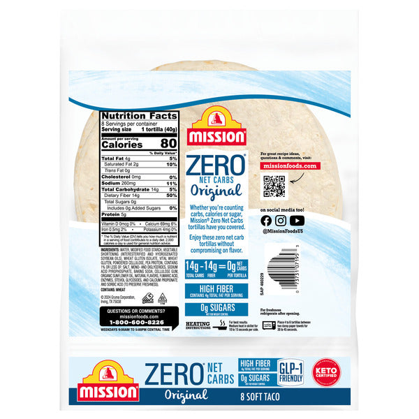 Duo Grocery Mission Zero Net Carbs Original Flour Tortillas, soft taco size, 8-pack, fresh and flexible for wraps or tacos