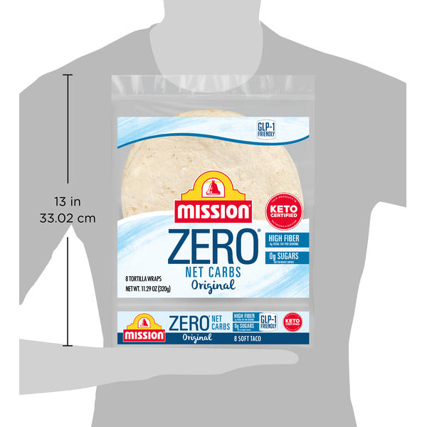 Mission Zero Net Carbs Flour Tortillas, soft taco size, Duo Grocery, 8-count pack, fresh and flexible for wraps and tacos.